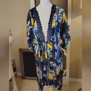 Floral Sheer Kimono Robe/ Cover Up  with Lace Trim Size XL
